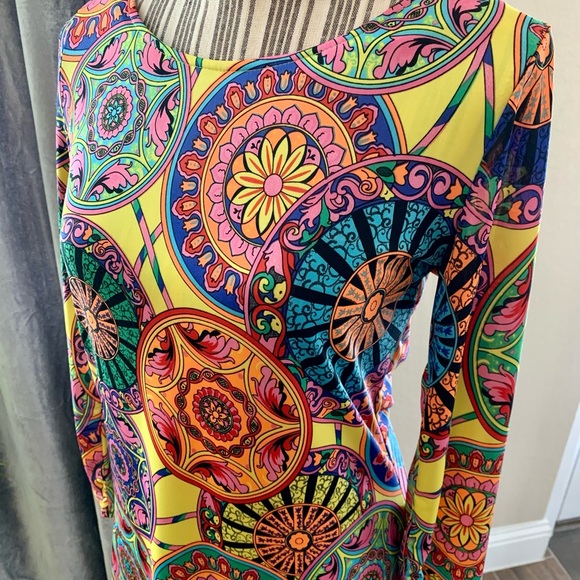 Boho-Vibe Long-sleeve Dress 
Size: M
Color: Yellow background & multi-colors - Picture 2 of 5